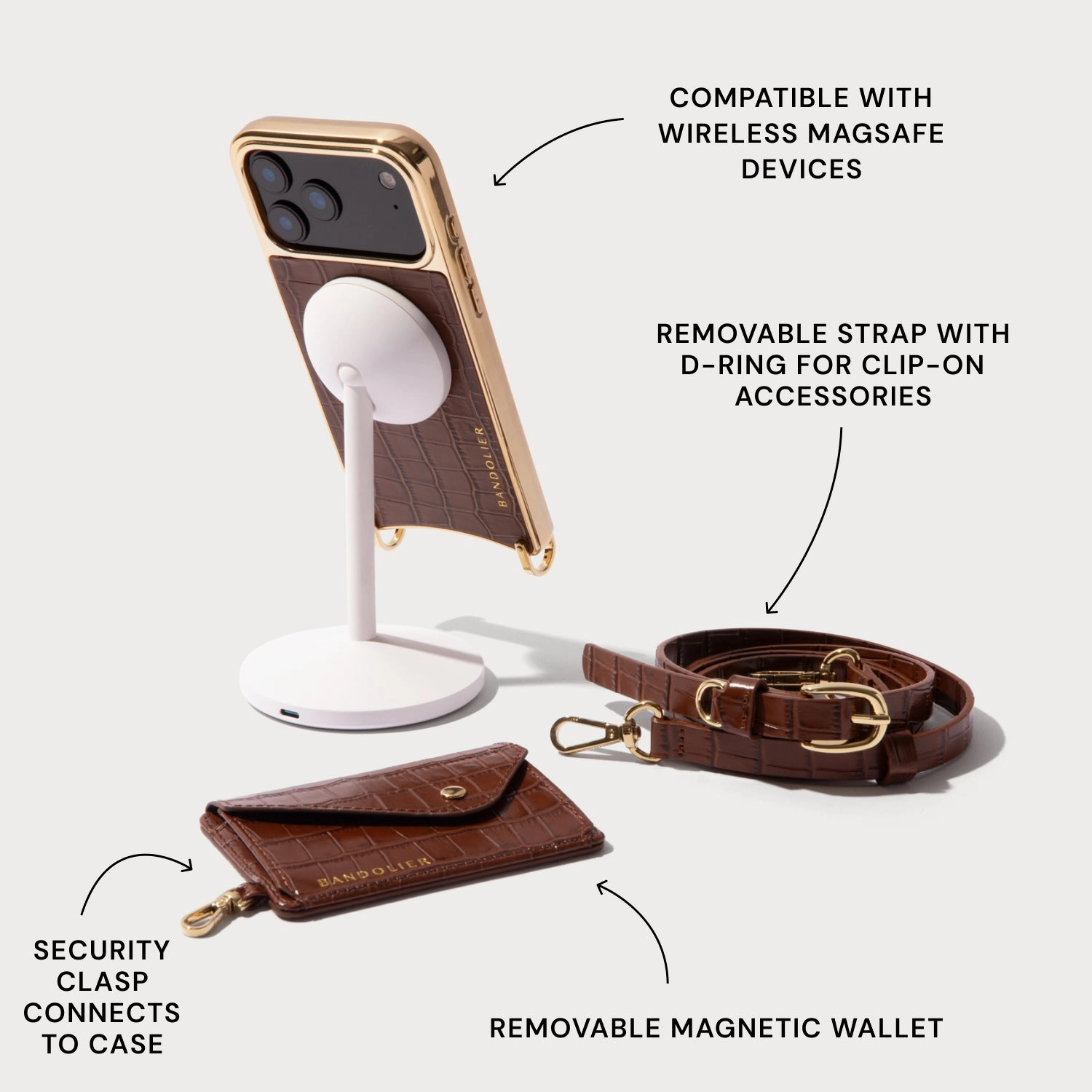 Remi Magnet Wallet Crossbody Phone Case - Brown Croc/Gold Flexible Pattern Layer Easy Access