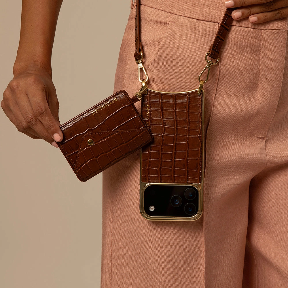 Remi Magnet Wallet Crossbody Phone Case - Brown Croc/Gold Comfort Finish Layer Modern Pattern Layer