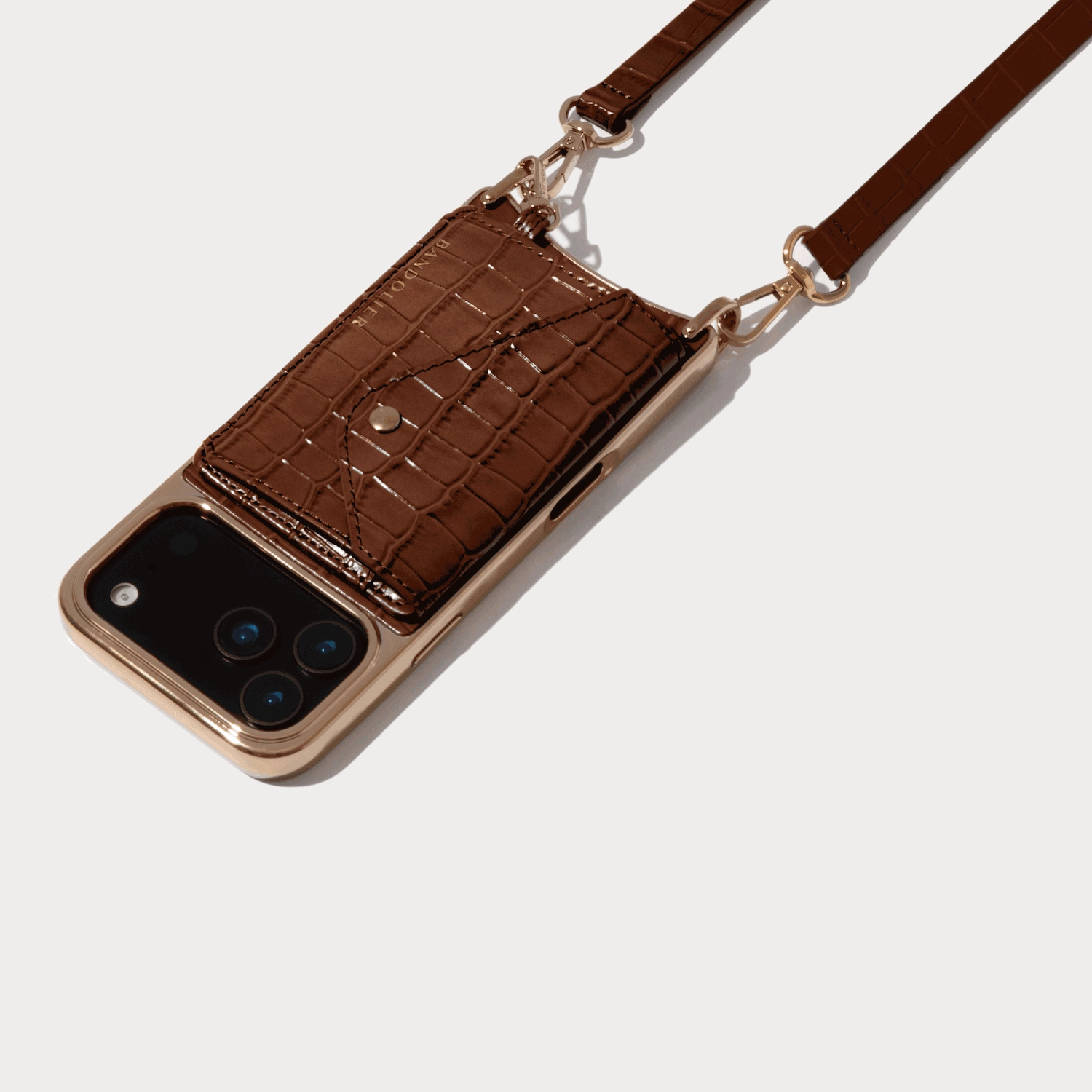 Remi Magnet Wallet Crossbody Phone Case - Brown Croc/Gold Matte Edge
