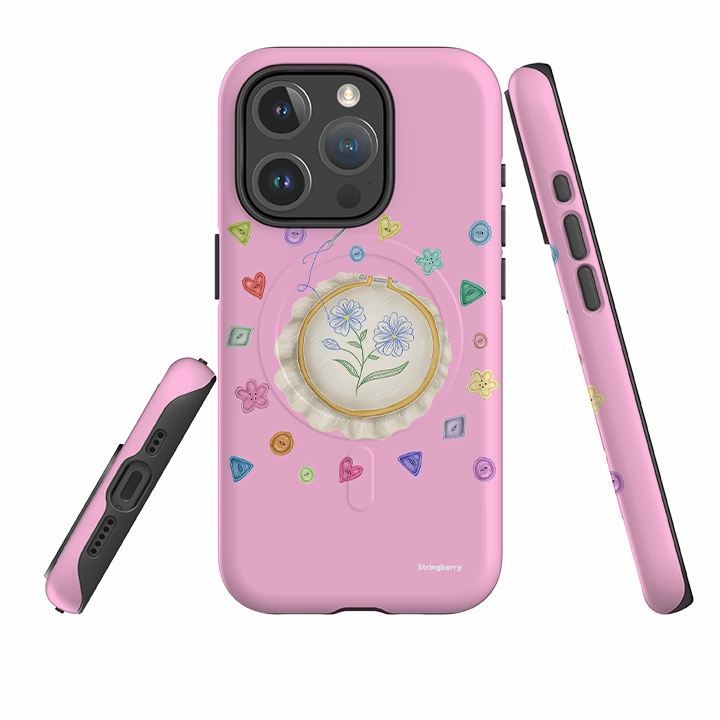 Polished Layer Ergonomic Feel iPhone MagSafe Tough Case -  Flower Buttons Needlework By Catherine Rowe