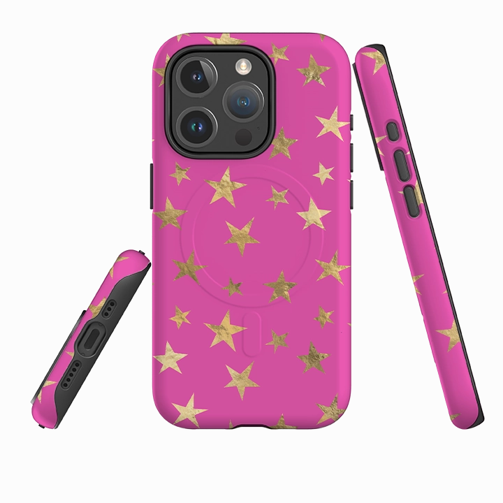 iPhone MagSafe Tough Case - Pink and Gold Stars Sleek Feel Raised Bezels