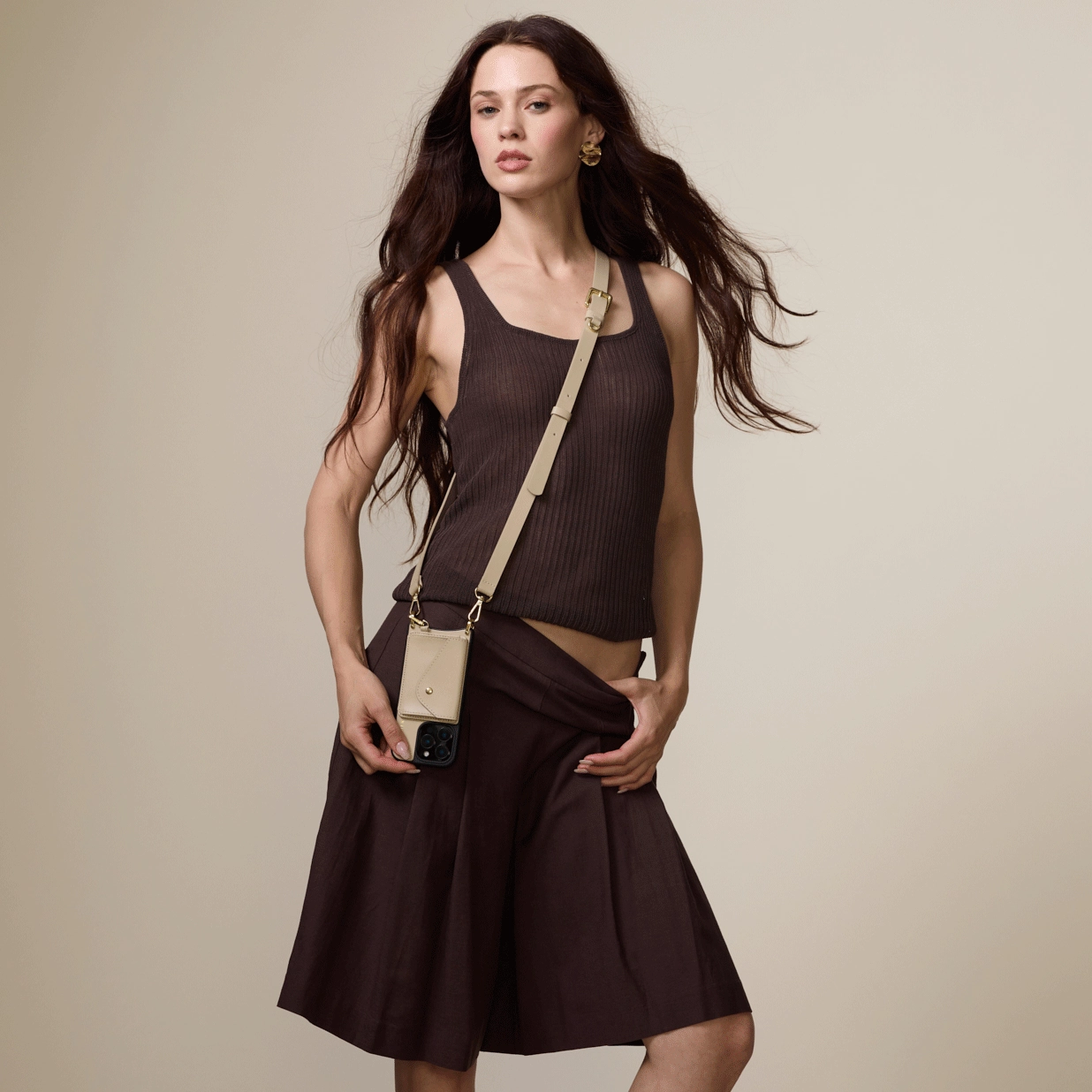 Modern Texture Build Remi Magnet Wallet Crossbody Phone Case - Beige/Gold