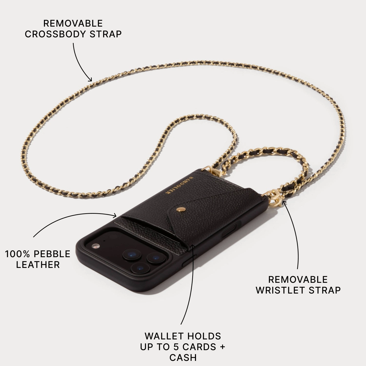 Lily Side Slot Leather Crossbody Bandolier Set - Black/Gold Soft Frame