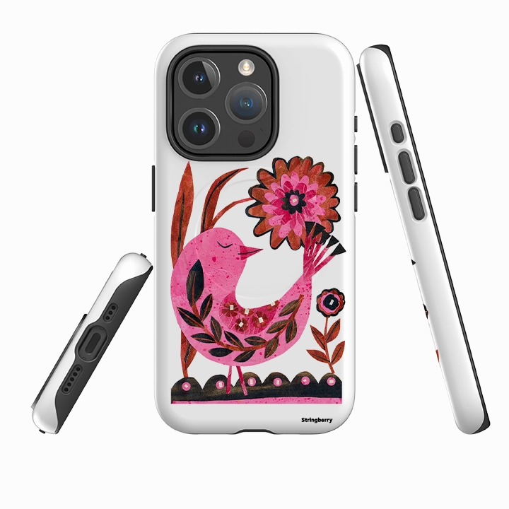 Protective Craft Matte Texture Design iPhone MagSafe Tough Case - Folk Floral Bird By Tracey English