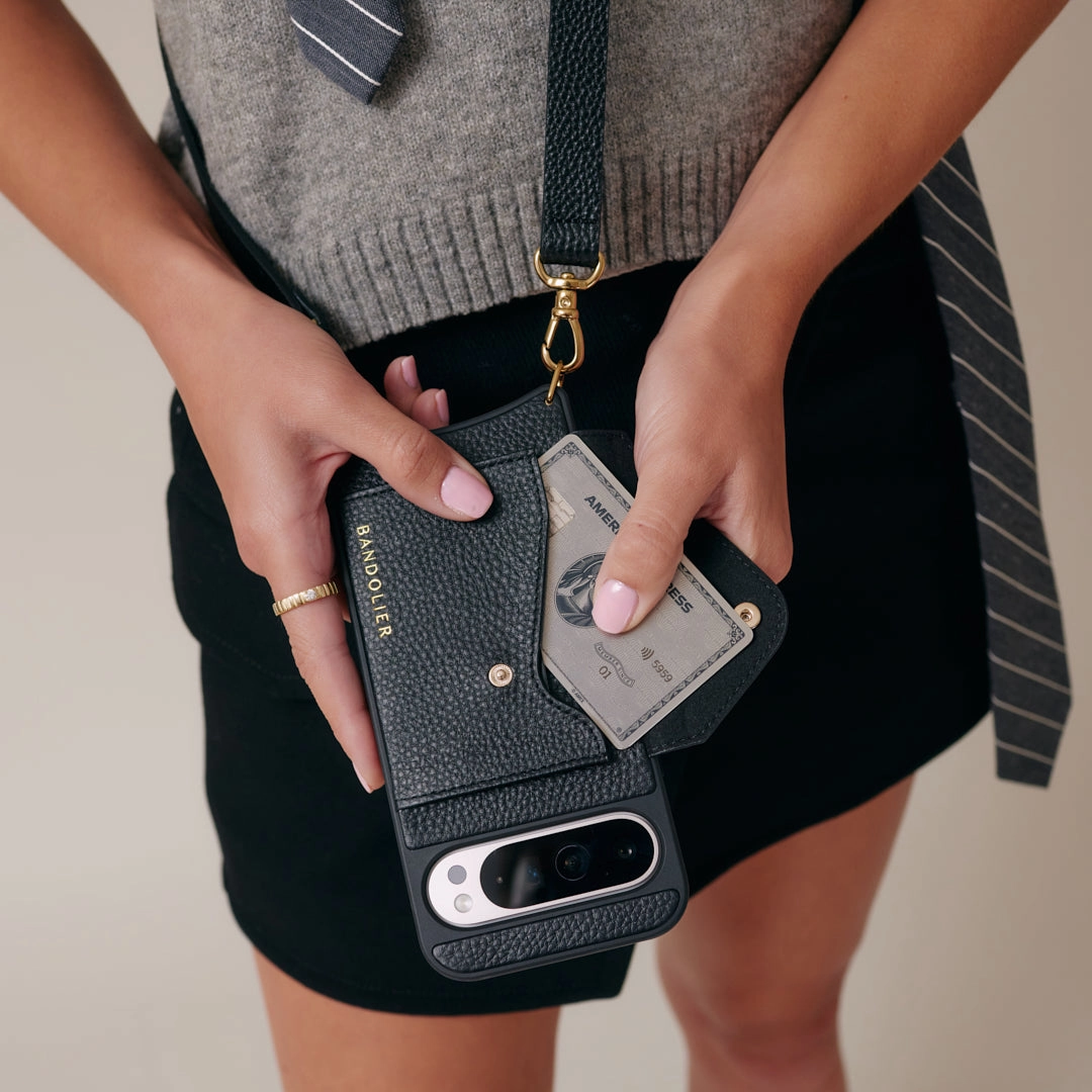 Hailey Google Pixel Side Slot Leather Crossbody Bandolier - Black/Gold Protective barrier Water Resistant