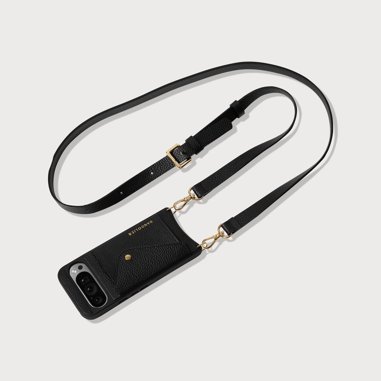 Soft Surface Layer Hailey Google Pixel Side Slot Leather Crossbody Bandolier - Black/Gold