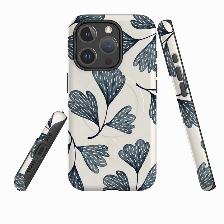 Premium Texture Layer iPhone MagSafe Tough Case - Indigo Leaves By Katherine Quinn