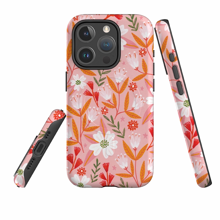 iPhone MagSafe Tough Case -  Pink and Orange Floral By Lee Foster Wilson Transparent Shell