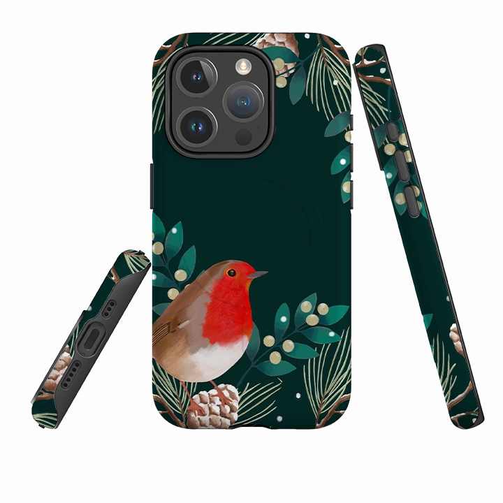 Luxury Finish Texture Soft Cushion iPhone MagSafe Tough Case - Robin Pine Cones By Bex Parkin