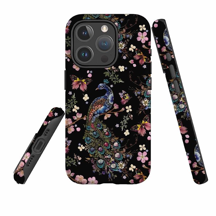 iPhone MagSafe Tough Case -  Peacock and Cherry Blossoms Dark By Helen Ahpornsiri Soft Layer Luxury Layer Texture
