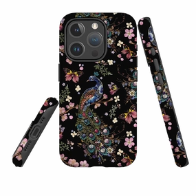 iPhone MagSafe Tough Case -  Peacock and Cherry Blossoms Dark By Helen Ahpornsiri Soft Layer Luxury Layer Texture