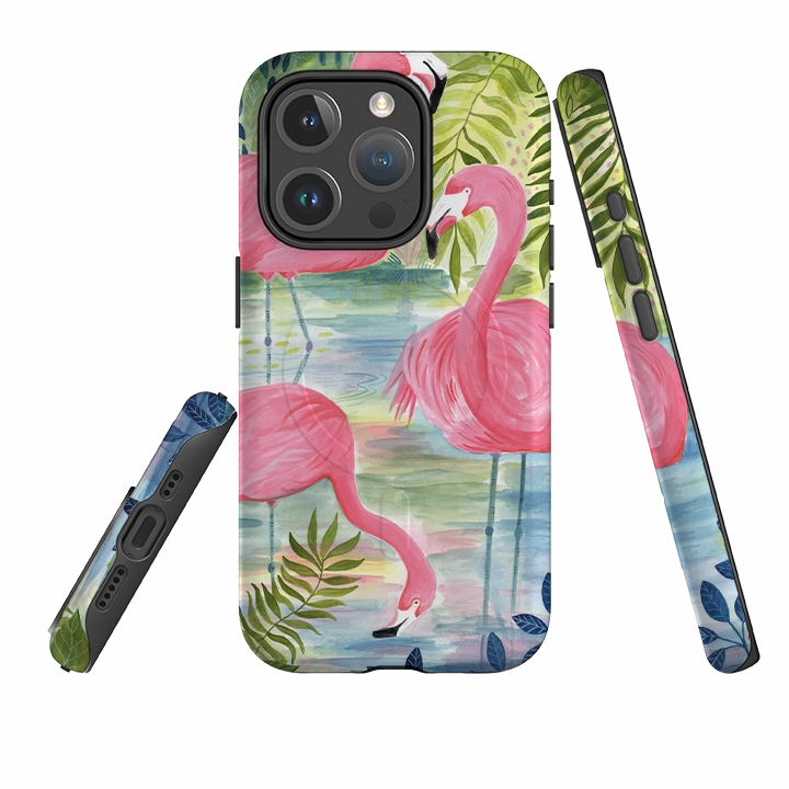 Sleek Appearance Waterproof Design iPhone MagSafe Tough Case - Three Flamingo By Bex Parkin