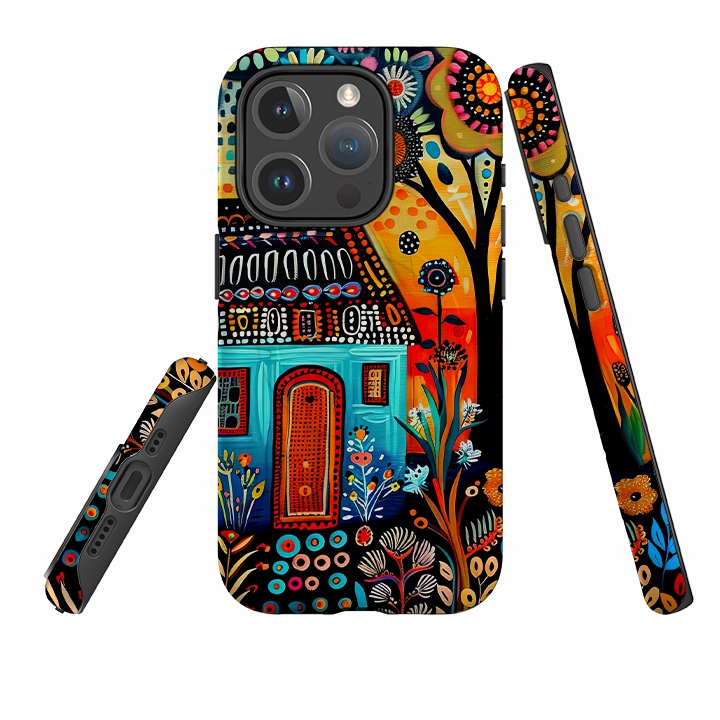 iPhone MagSafe Tough Case - Folk Art House VI Rugged Design Modern Frame