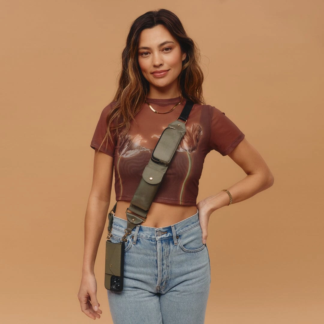 Pocket Ready Comfort Accessory Billie Nylon Utility Crossbody with Case - Army Green/Gold